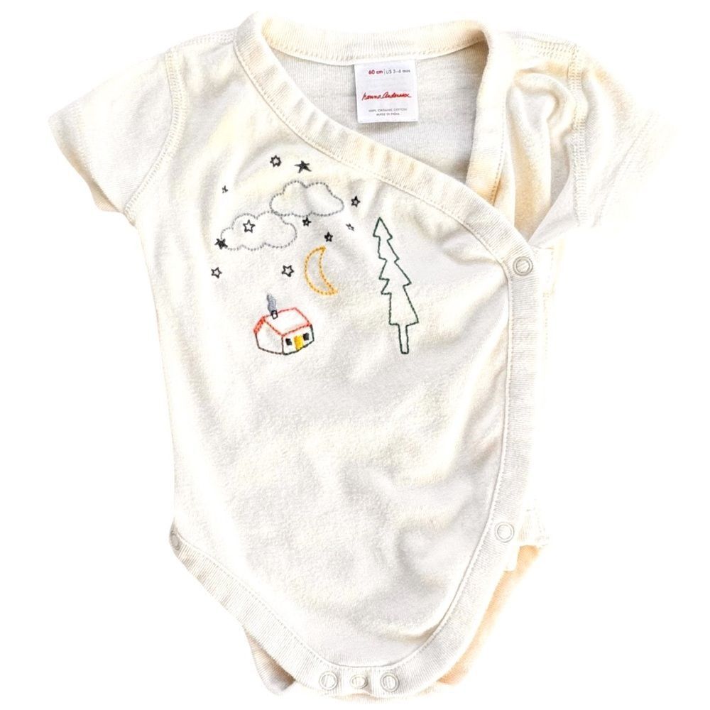 Hanna Andersson Baby Unisex Short Sleeve Embroidered Cotton Onesie. 3-6 Months.